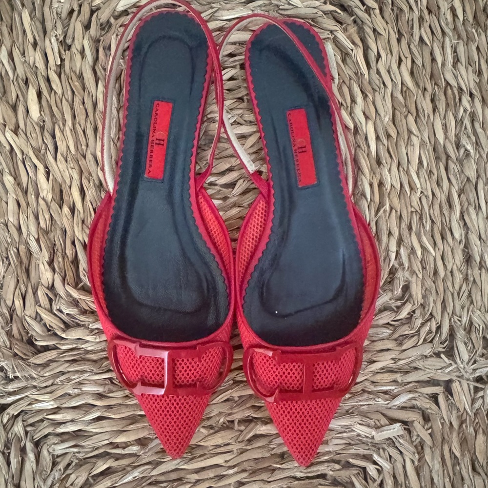 Carolina Herrera Red Pointed Slingback Flats with Buckle